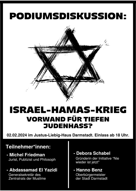 Flyer: Podiumsdiskussion im Justus-Liebig-Haus zum Thema Israel-Hamas-Krieg und Judenhass
